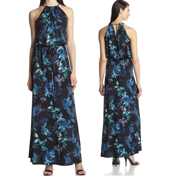 Vince Camuto Blue Floral Blouson Halter Maxi Dress Size 10 - Picture 1 of 13